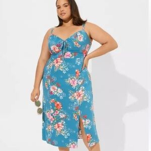 Torrid Tea Length Stretch Challis Slit Midi Dress Happiness Floral Bluesteel 2X